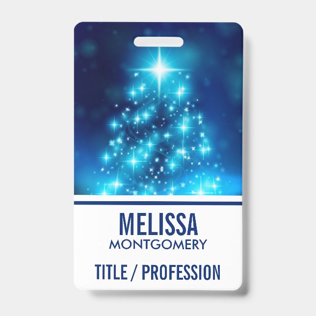 Badge Arbre de Noël bleu cool avec lumières étincelantes (Face)