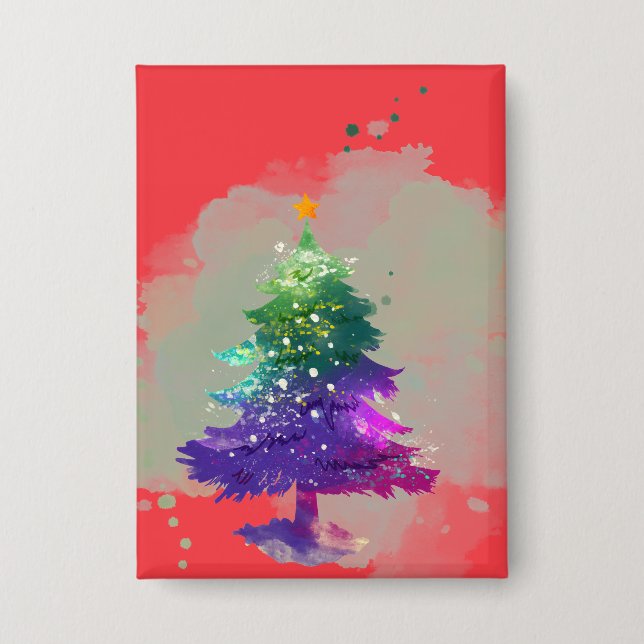 Badge Arbre de Noël moderne aquarelle coloré (Recto)