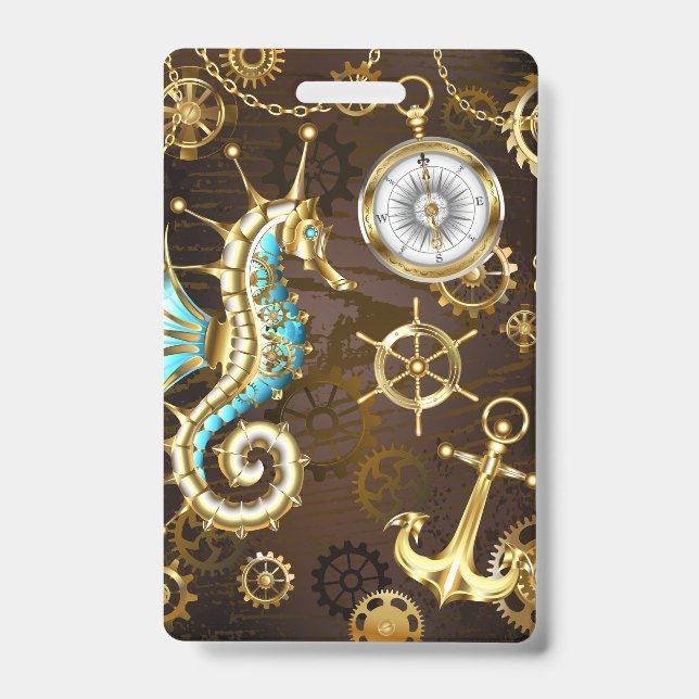 Badge Arrière - plan en bois avec cheval de mer mécaniqu (Avant)