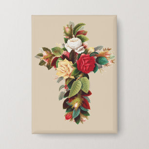 Badge Art religieux croix botanique vintage de roses