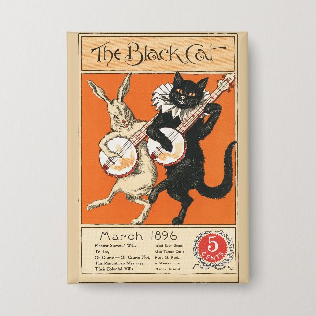 Badge Art Rétro Orange Chat Noir Lapin Blanc Banjo (Recto)