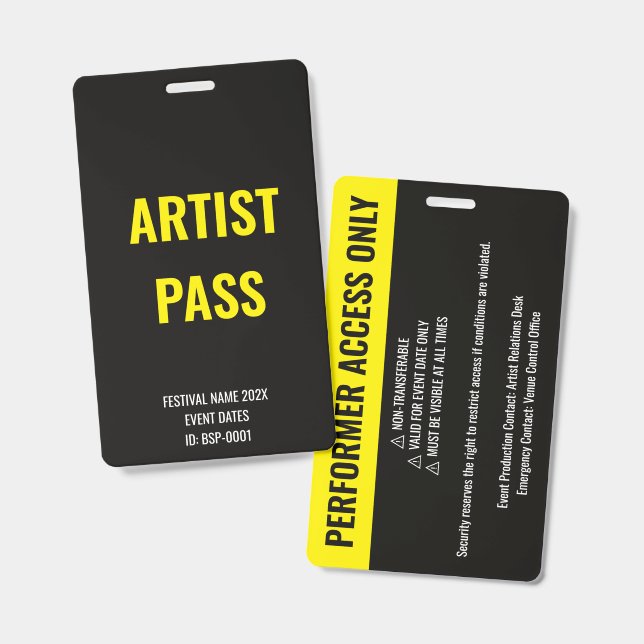 Badge Artiste Personnalisé Interprète Accès Complet Conc (Avant & arrière)
