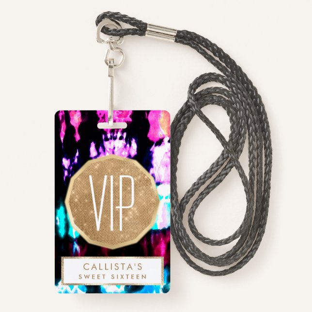 Badge Artsy Été Turquoise Noir Coloré Tie Dye Motif (Devant avec lanière)