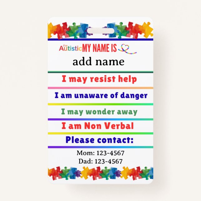 Badge Autism Alert Nonverbal Autistic Contact  (Devant)