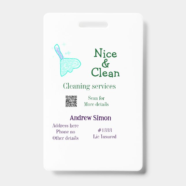 Badge Balai nettoyant vert bleu pailleté ajouter nom adr (Avant)