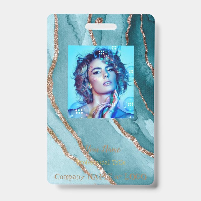 Badge Balise d'étiquette en or Turquoise Bleu Marbre Nom (Face)