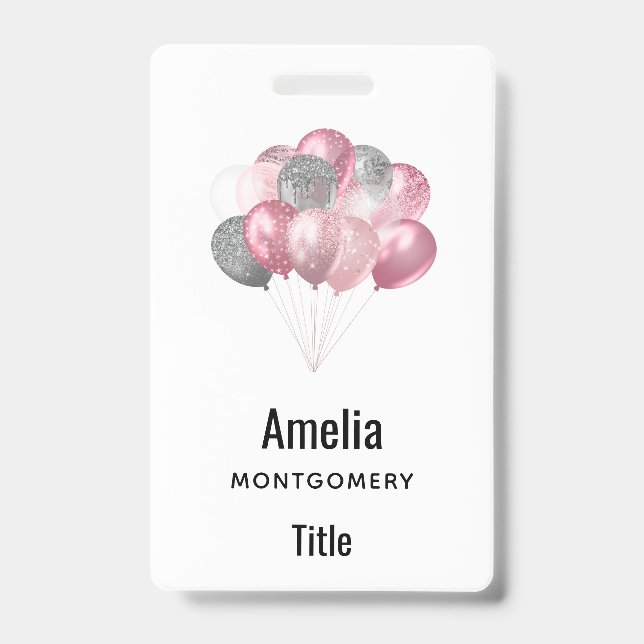 Badge Ballons de parties scintillant rose et argent (Face)