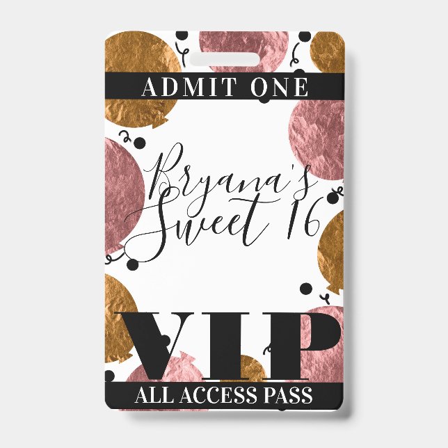 Badge Balloons Bronze Or Rose Gold Passe VIP Fête Sweet  (Avant)