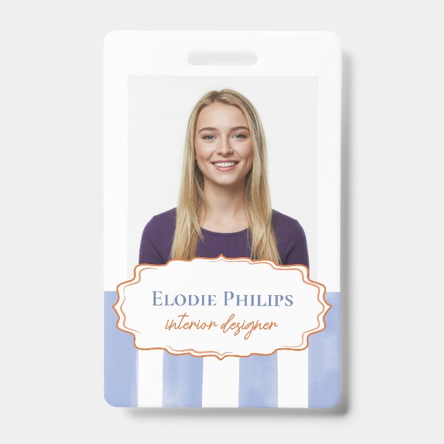 Badge Bandes ondulées aquarelle bleue Cadre Ajouter Nom (Avant)