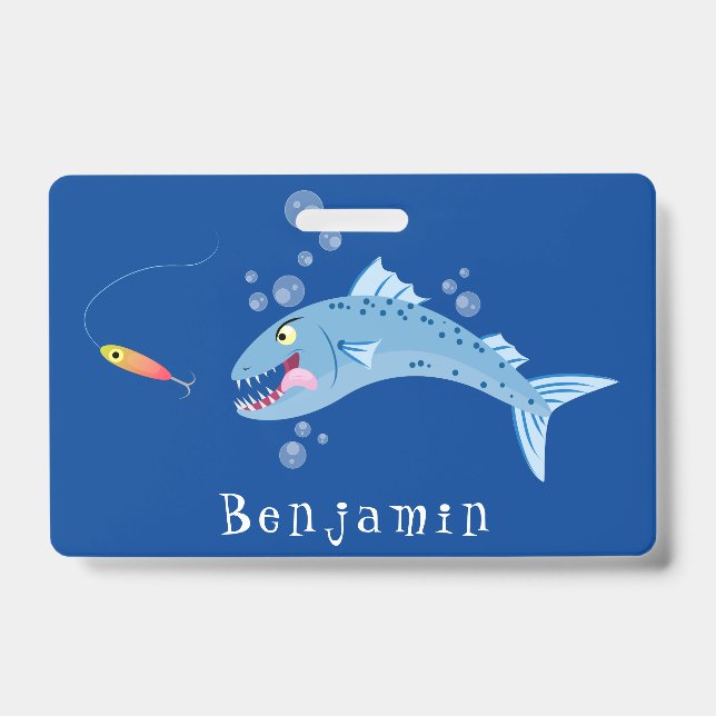 Badge Barracuda poisson affamé de la pêche dessin animé (Front)