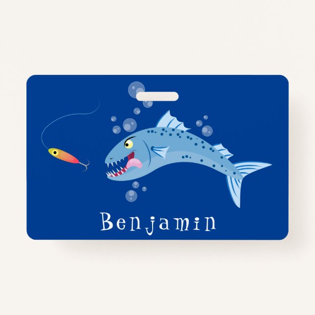 Badge Barracuda poisson affamé de la pêche dessin animé (Devant)