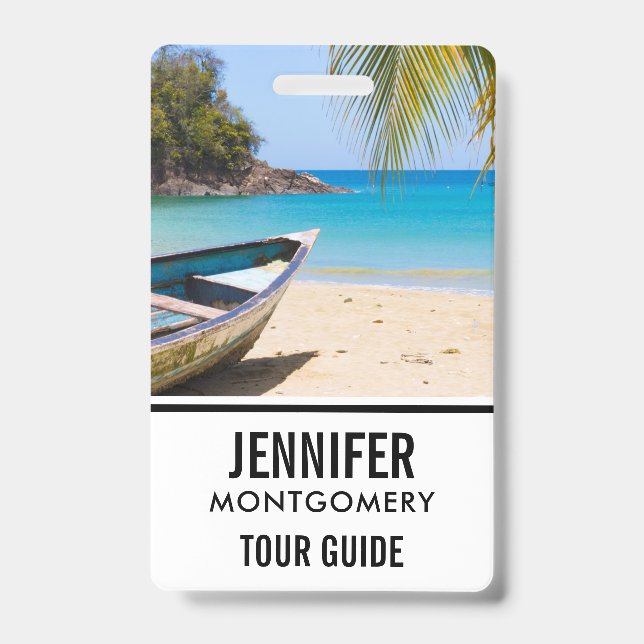 Badge Belle Plage Tropicale avec un Bateau à Rames (Avant)