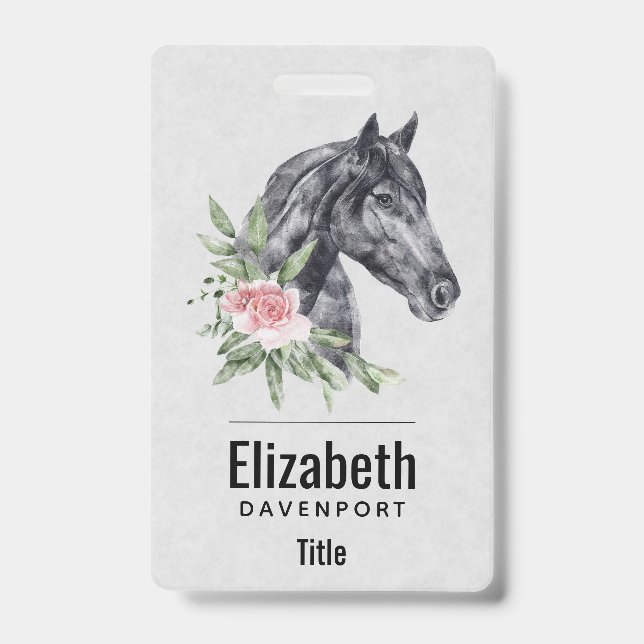 Badge Belle tête de cheval noir portrait aquarelle (Avant)