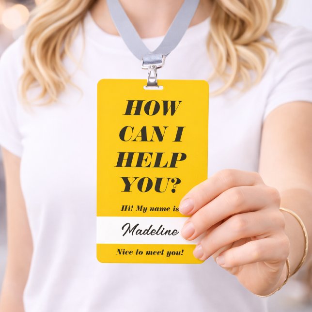 Badge Bénévole 3x5 | Comment puis-je aider Badges  (Create a bold volunteer badge that helps guests know exactly who to ask)