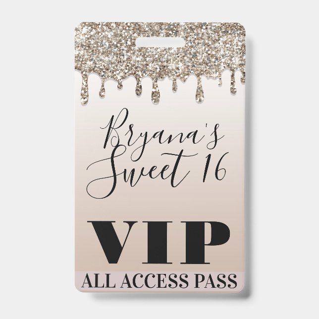 Badge Billet VIP 16 ans Sweet Glam goutte de paillettes  (Avant)