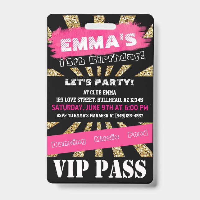 Badge Billet VIP Rose & Or pour tout événement avec text (Avant)