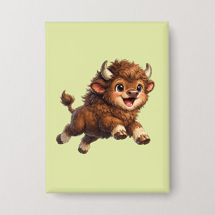 Badge Bison Mignon aux Grands Yeux Cartoon de Faune Heur