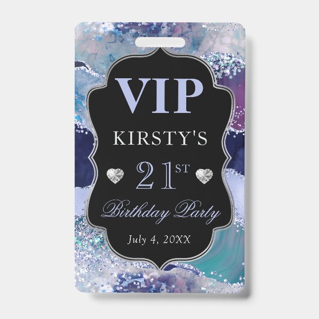 Badge Bleu et Argent Paillettes Agate Anniversaire VIP (Avant)
