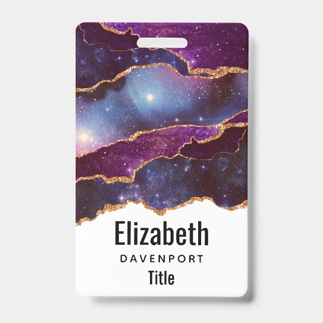 Badge Bleu et violet, espace et étoiles avec ruban doré (Avant)