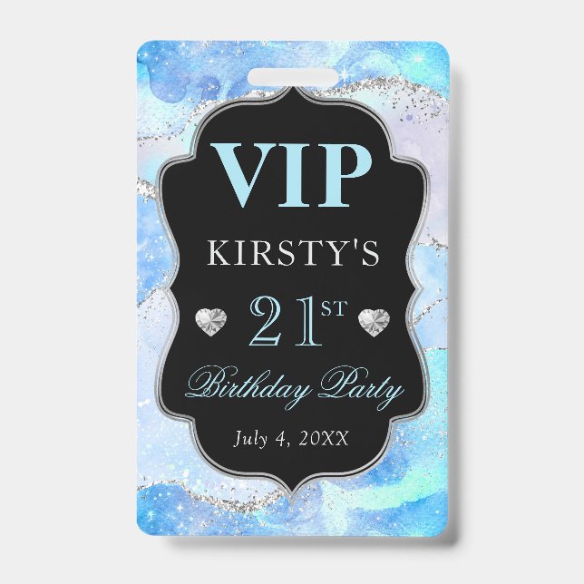 Badge Bleu Iridescent Argent Pailleté Anniversaire VIP A (Avant)