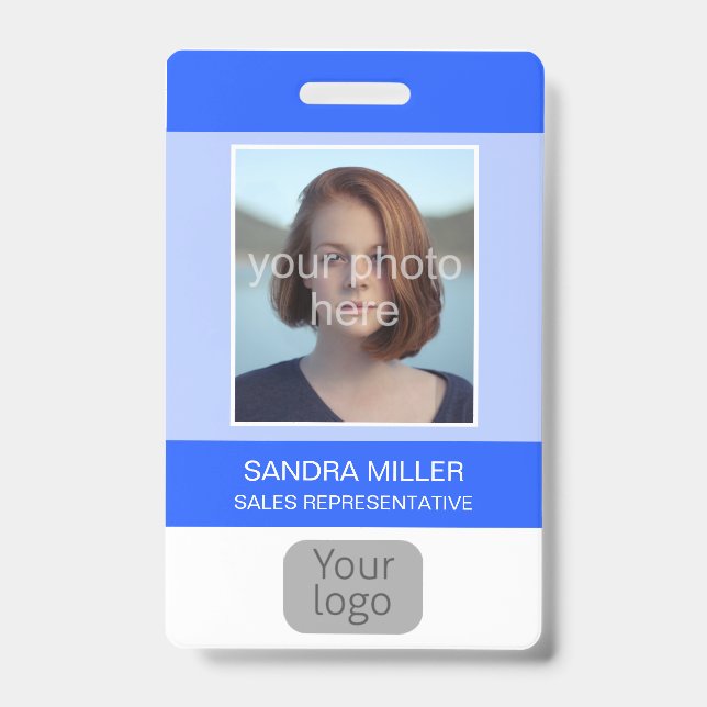 Badge Bleu, Photo de l'employé, Logo, Code-barres, Nom, (Avant)