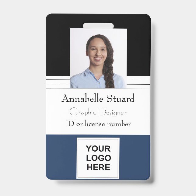 Badge Blue Black Lined Nom photo employé entreprise Mauv (Front)