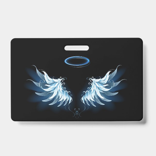 Badge Blue Glowing Angel Wings on black background (Front)