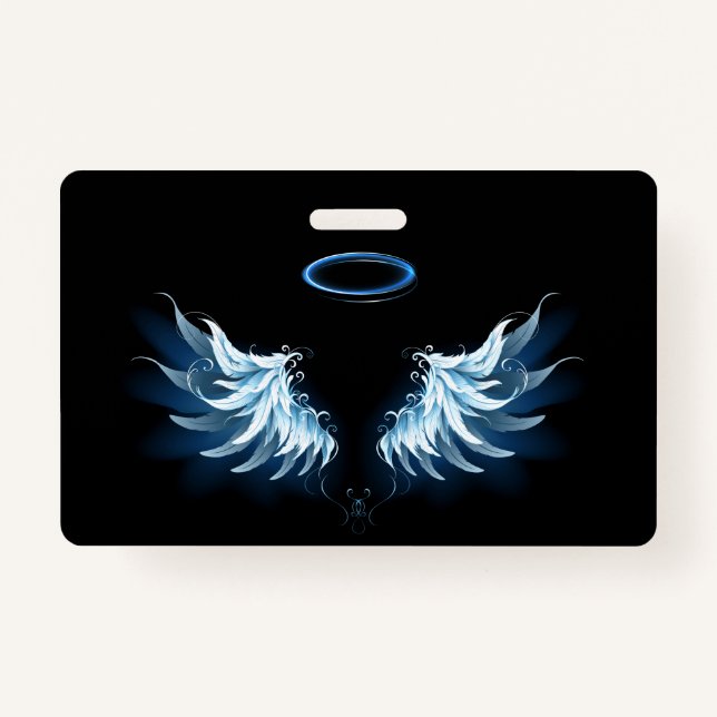 Badge Blue Glowing Angel Wings on black background (Devant)