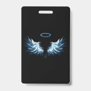 Badge Blue Glowing Angel Wings on black background