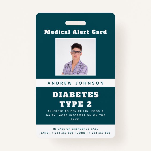 Badge Blue Médicale Alert Identifiant d'urgence Photo No (Devant)