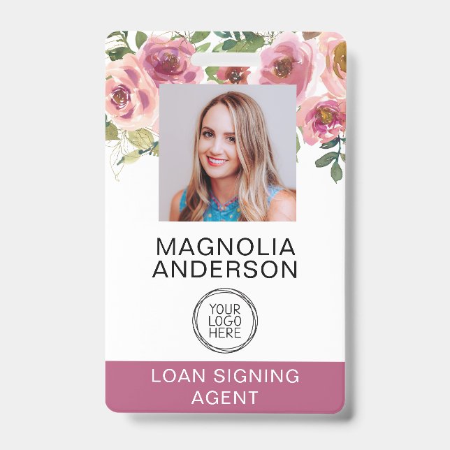 Badge Blush Rose Floral Logo Photo Employé Code-Barres  (Avant)