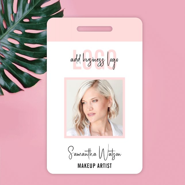 Badge Blush Rose Logo Moderne de Salon de Cils ou Spa Ph (Feminine ID employee name badge in blush pink and white with space for your logo and photo)