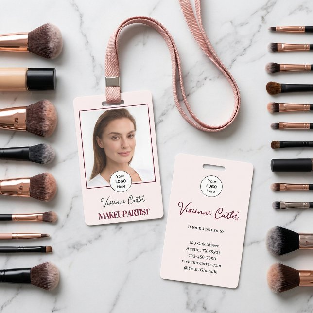 Badge Blush Rose Logo Script Photo Maquillage (Makeup Artist Lanyard Employee Badge with Photo)