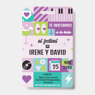 Badge Boda Festivalera Azul Turquesa Lila Retro WedFest