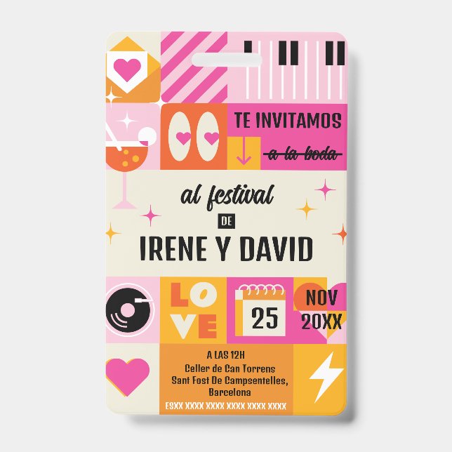 Badge Boda Festivalera Naranja y Rosa Retro WedFest (Avant)