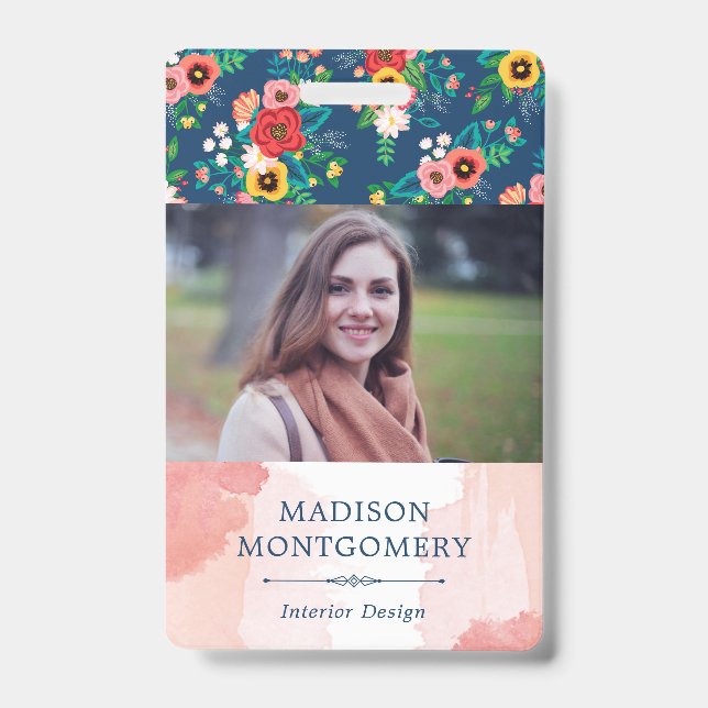 Badge Boho Floral Motif & Aquarelle rose pâle Photo (Avant)