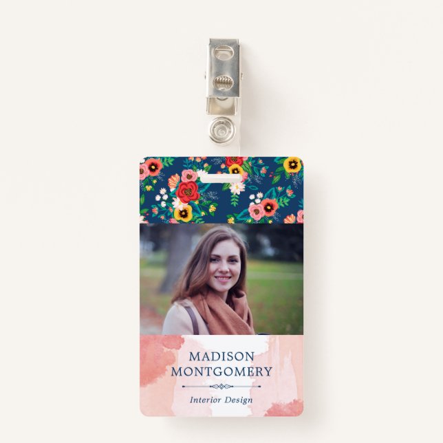 Badge Boho Floral Motif & Aquarelle rose pâle Photo (Devant avec clip)
