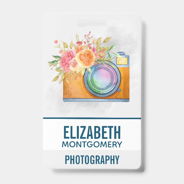 Badge Boho Orange Caméra & Bouquet Floral Aquarelle (Avant)