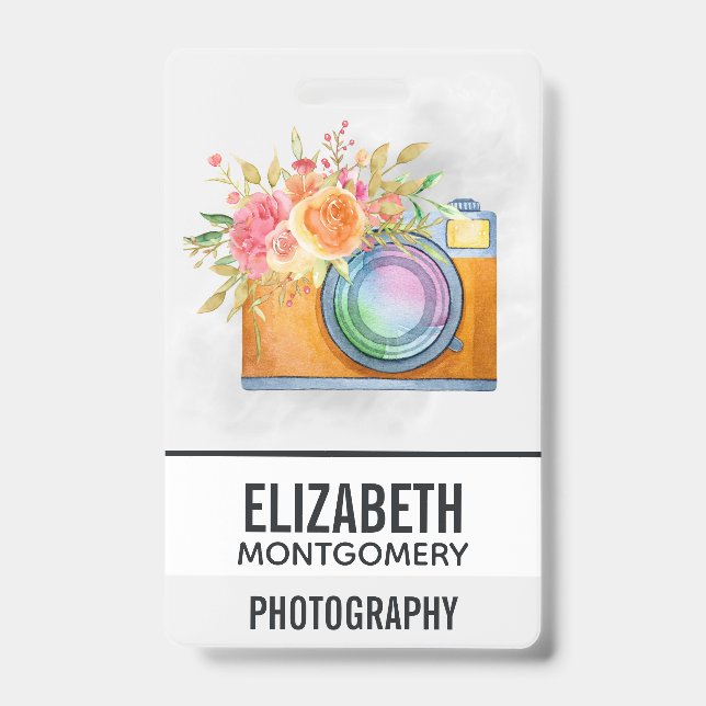 Badge Boho Orange Caméra & Bouquet Floral Aquarelle (Avant)