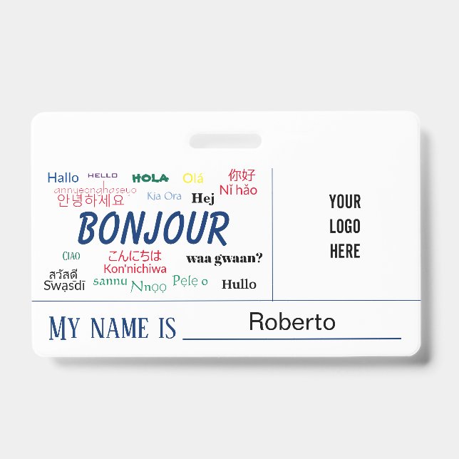 Badge Bonjour Hello World Beaucoup de langues Nom du log (Face)