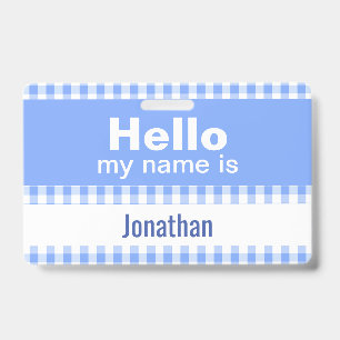 Badge Bonjour Mon Nom Est - gingham bleu et blanc 