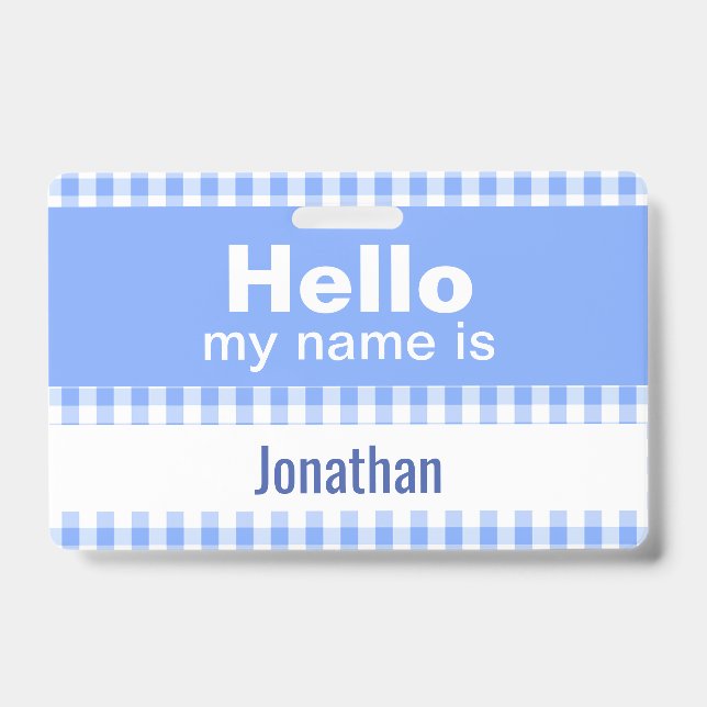 Badge Bonjour Mon Nom Est - gingham bleu et blanc  (Avant)