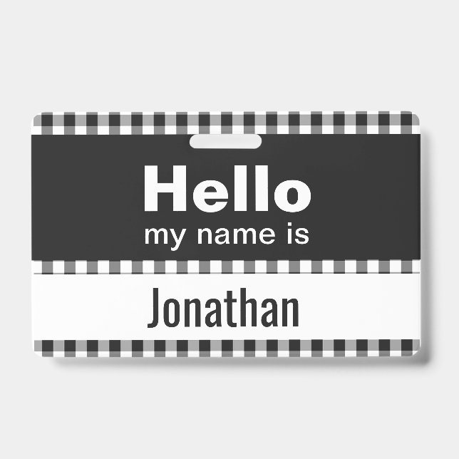 Badge Bonjour Mon Nom Est - gingham noir et blanc (Avant)