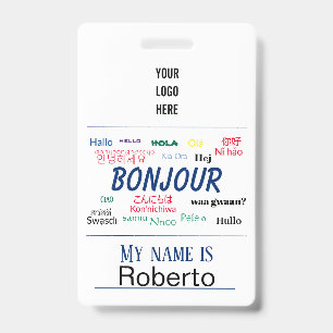 Badge Bonjour Monde du Voyage des Langues Nom Coloré