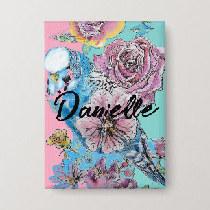 Badge Boucle à clé fleurie Rose Budgie Budgies bleu