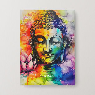 Badge Bouddha à l'aquarelle Arc-en-ciel Nom personnalisé