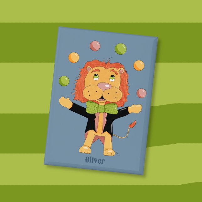 Badge Bouton bleu enfant jonglage de lion de cirque avec (Fun button for kids to collect with a circus lion juggling balls . )