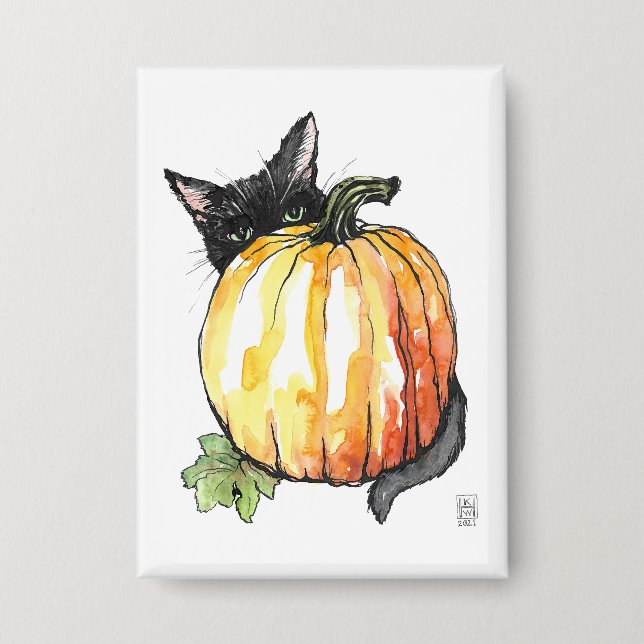 Badge Bouton Citrouille noir derrière le chat (Recto)