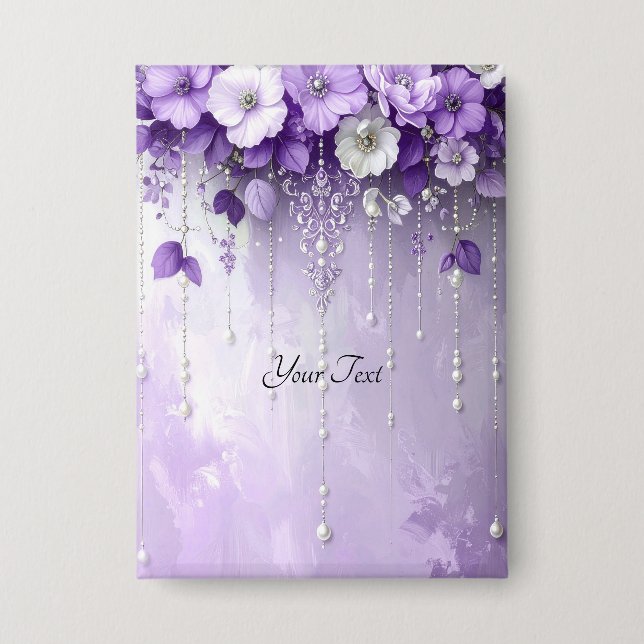 Badge Bouton Fleurs Violettes avec Perles Pendantes (Recto)