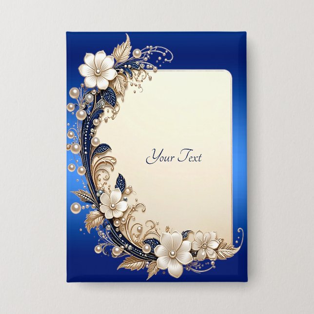 Badge Bouton ornemental floral bleu blanc (Recto)